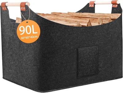 Houtmand Met Tas - Draagbare Opberger - Haardhout Transport - Extra Dik Vilt - 96 Liter - Donkergrijs