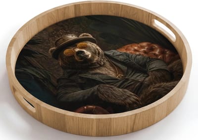 Dienblad rond 40x40 cm - Schootdienblad hout - Beer - Bruin - Pak - Hoed - Borrelplank rechthoek - Plateau houten dienbladen