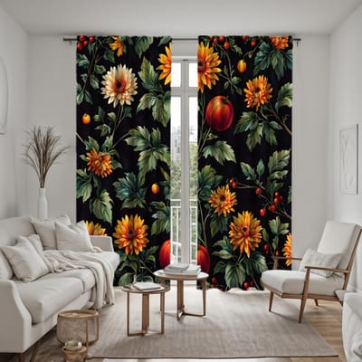 2 stuks HD bladerrijke tuin bloem fruit gordijn Groene bindband digitaal bedrukt gordijn huisdecoratie stijl Versier woonkamer be W52H63inchW132H160cm black