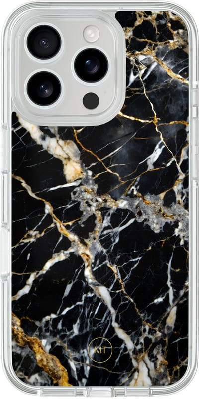 Hybride hoesje geschikt voor iPhone 16 Pro - Black marble elegance - Extra bescherming - Luxe beschermhoes - TPU case - Transparant, Zwart, Goud - Mooie Telefoonhoesjes