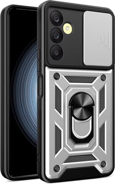 MobyDefend Hoesje - Geschikt voor Samsung Galaxy A25 - Pantsercase Met Draaibare Ring - Zilvergrijs