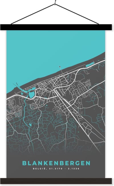 Posterhanger incl. Poster 40x60 cm - Schoolplaat - België – Blankenbergen – Stadskaart – Kaart – Blauw – Plattegrond - Textielposter - Zwarte latten - Stadskaart