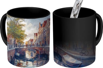 Magische Mok - Foto op Warmte Mokken - Koffiemok - Brug - Stad - Huizen - Boot - Magic Mok - Beker - 350 ML - Theemok
