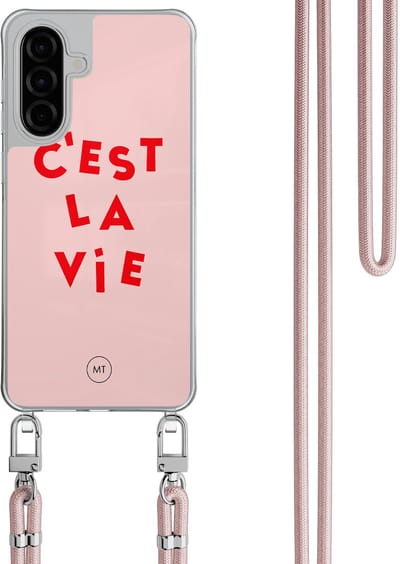 Hoesje met koord geschikt voor Samsung Galaxy A56 - C'est la vie - Inclusief Rosegoud koord - Crossbody beschermhoes - Transparant, Roze - Mooie Telefoonhoesjes