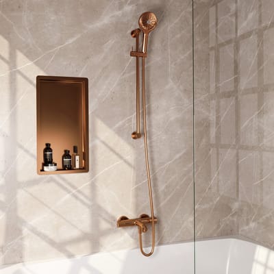 Brauer Copper Edition opbouw baddouche thermostaatkraan SET 02 met glijstang en 3-standen handdouche en doucheslang koper geborsteld PVD