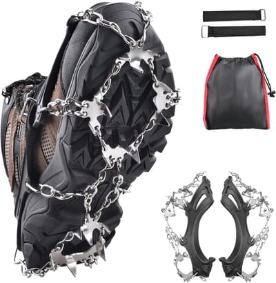 Famanu - Stijgijzers IJsschoenplaatjes IJs Sneeuw Grips 18 Roestvrij Stalen Spikes Antislip Wandelschoenen Schoenen Ijsgrijpers voor Wandelen Klimmen