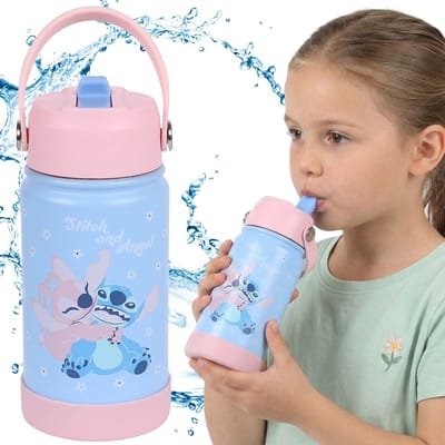 DISNEY Stitch Angel Stalen waterfles met tuit en handvat, voor meisjes 350ml