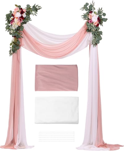 Kunstmatige Bruiloft Boog Bloemen Set – 4-Pack, met Gordijnen, 2 Stuks Bloemstuk, 2 Stuks Transparante Gordijnen, voor Ceremonie, Boeketten, Receptie Achtergronddecoratie, Roze