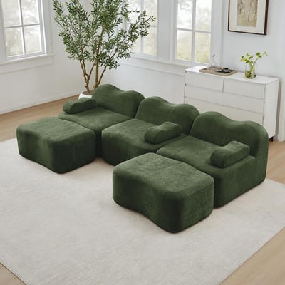 BLACKCOLORS Modulaire U-vormige 3-zitsbank met 2 chaise longues, schuim met hoge dichtheid 32D, golvende vorm, diepe zitting, afneembare armleuningkussens, voor de woonkamer, Groen