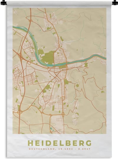 Wandkleed - Wanddoek - Heidelberg - Plattegrond - Kaart - Vintage - Stadskaart - 120x180 cm - Wandtapijt