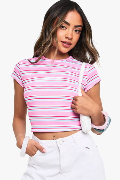 boohoo Dames Gestreepte Rib Cap Sleeve Baby Tee | Roze | Maat: 42