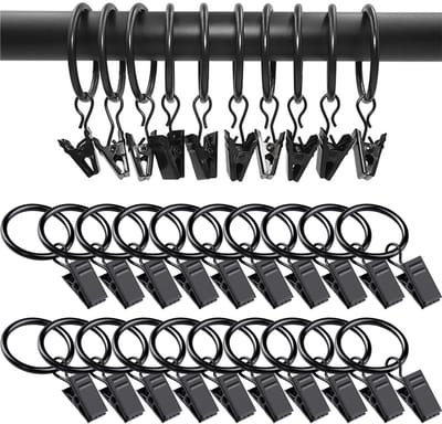 Dailygoods - 20 zwarte metalen gordijnringen met clips, robuust en duurzaam, douche- en raamhaken met roestvrije haken, compatibel met deurstangen met een binnendiameter van 32 mm