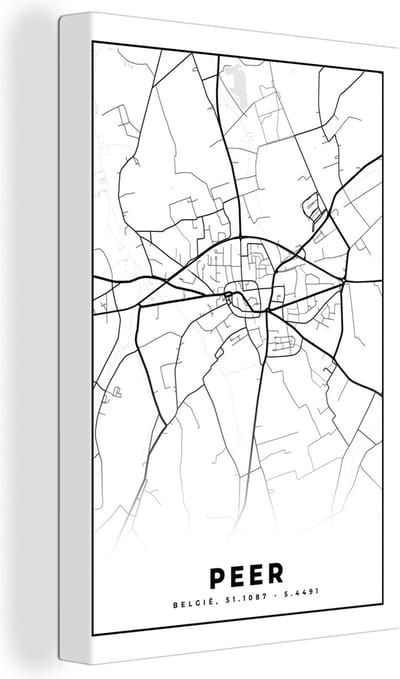 Canvas Schilderij België – Peer – Stadskaart – Kaart – Zwart Wit – Plattegrond - 20x30 cm - Wanddecoratie