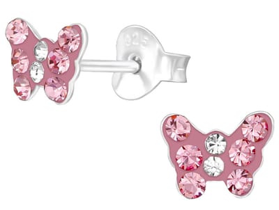 Joy|S - Zilveren vlinder oorbellen - roze kristal - 6 mm