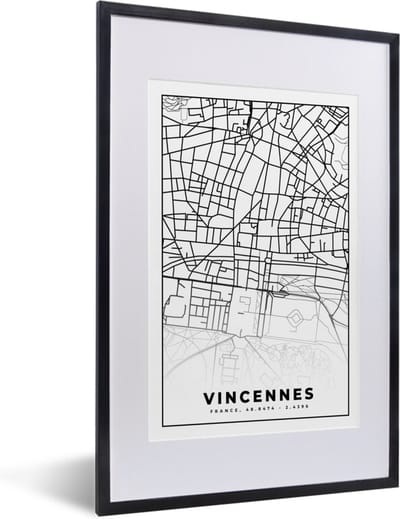Fotolijst incl. Poster Zwart Wit- Plattegrond – Kaart – Frankrijk – Vincennes - Stadskaart - Zwart wit - 40x60 cm - Posterlijst