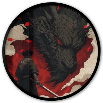 Poster in lijst Rond - Fotolijst 40x40 cm - Posters - Krijger - Draak - Zwart - Rood - Rook - Ronde posterlijst zwart - Decoratie - Wanddecoratie woonkamer - Muurdecoratie slaapkamer