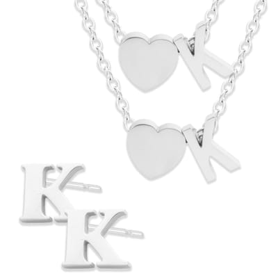 Initiaal Ketting & Armband & Oorbellen set met Letter K Zilverkleurig - Stainless Steel - Met letter & Hartje! - 3x Sieraden Cadeau - Pax Amare