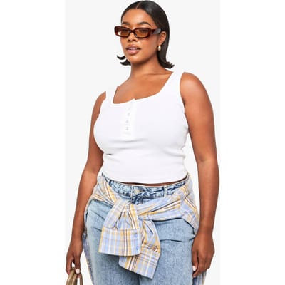 boohoo Dames Vesttop met scoop-hals en plus knoopdetail | Wit | Maat: 52