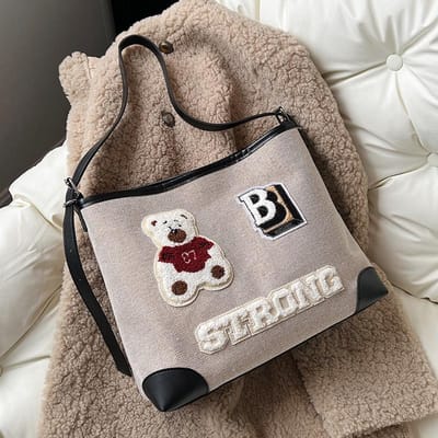 Sac en toile Ours de dessin animé pour femmes Nouveau Sac fourre-tout de navettage de grande capacité Sac à bandoulière décontracté à une épaule gray