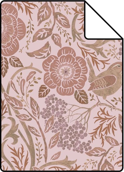 Proefstaal ESTAhome behang bloemen en vogels lila paars en terracotta roze - 26.5 x 21 cm - 139830-S