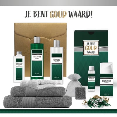 Geschenkset "Je Bent Goud Waard" - 9 Producten - 1275 Gram | Luxe Cadeaubox voor hem - Wellness Pakket Man - Giftset Collega Wernemer Vrijwilliger Zorgwerker - Cadeaupakket Bedankt - Kerst Cadeau - Gift Verjaardag Vaderdag - Kerstpakket - Groen Goud