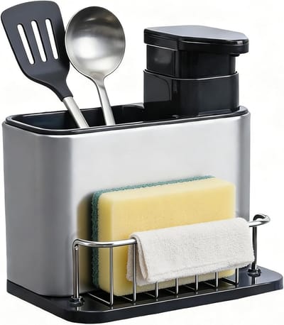 Roestvrijstalen bestekhouder en keukenorganizer met ventilatie voor afwasmiddelen en sponzen, 18,8 x 18 x 12,8 cm, ideaal voor opbergen en ordenen in de keuken