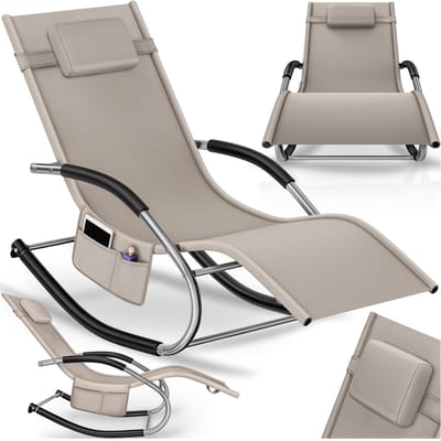 tectake® Ligstoel met Schommelfunctie – Ergonomisch Ligbed voor Tuin, Terras en Balkon – Relaxstoel met Hoofdsteun, Armleuningen en Opbergvak – Draagvermogen 120 kg – Beige