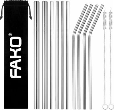 Fako Bijoux - RVS Rietjes Set - 10 Herbruikbare Rietjes - 4 Recht, 4 Gebogen & 2 XL - 21 cm - Duurzaam en Stijlvol - Incl 2 Schoonmaakborstels & Opbergzakje - Zilverkleurig