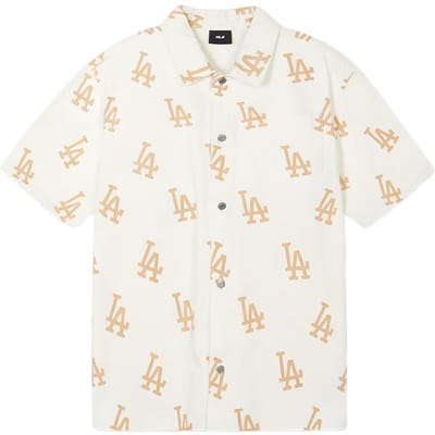 MLB Los Angeles Dodgers Logo Vintage Imprimé Chemise Sport Boutonnée Manches Courtes en Jean Unisexe Blanc 3ADRB0243-07CRS S beige