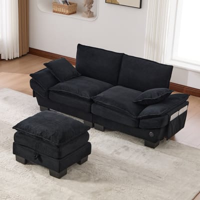 DESMIU Zitbank 190 x 132 cm - 2-Zits Met Hocker, USB-C En Zijvakken - Voor Woonkamer, Kantoor En Lounge - Corduroy Zwart