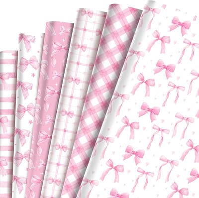 Inpakpapier set van - 6 roze strik & ruitjes designs - Hoogwaardig cadeaupapier - Voor romantische en feestelijke gelegenheden - 50.8 cm x 68.5 cm - 12-delige set
