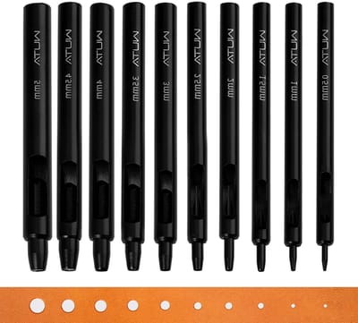 Ronde gaatjestang set voor leer, 10-delige perforator voor horlogebanden en riemen, diverse maten van 0.5 tot 5 mm
