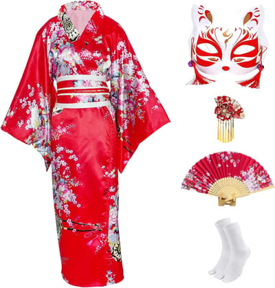 Traditionele Japanse Kimono voor Dames met Bloemenprint en Accessoires Set