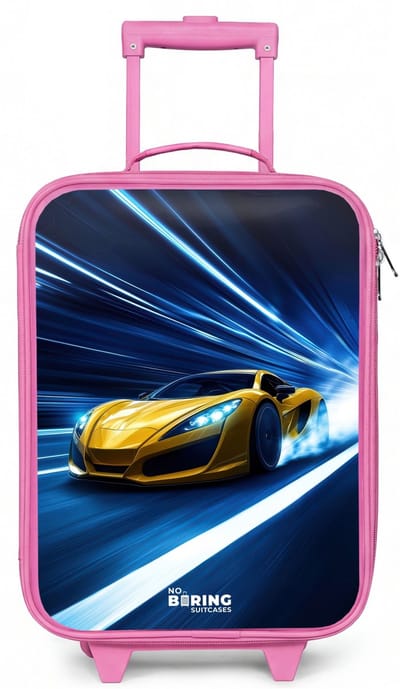 NoBoringSuitcases.com® - Kinderkoffer roze - Kindertrolley meisje - Gele sportwagen in lichttunnel van snelheid - Koffer kind lichtgewicht - Reiskoffer trolley voor kinderen - Koffertje met lichtgevende wieltjes - Rolkoffer