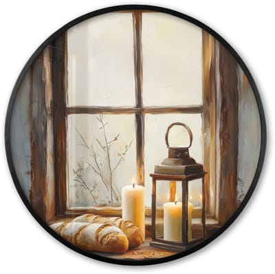 Poster in lijst Rond - Fotolijst 60x60 cm - Posters - Stilleven - Rustiek - Kaarsen - Broden - Raam - Ronde posterlijst zwart - Decoratie - Wanddecoratie woonkamer - Muurdecoratie slaapkamer