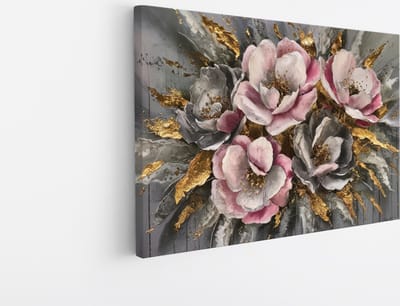 Saammp Canvas Schilderij - Abstracte Bloemen met Goud - Roze en Grijs - 30x20 - Foto op canvas - Wanddecoratie - Muurdecoratie Woonkamer - Kantoor Decoratie