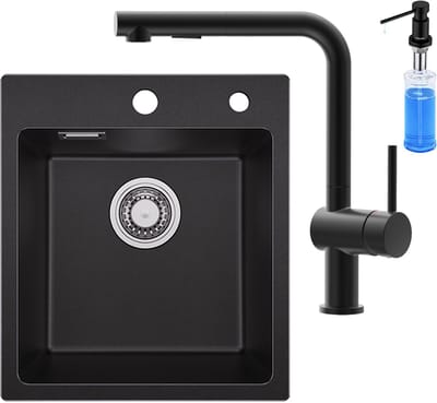 SOFETIY MAX Spoelbak Keuken Zwart 40x45CM - Graniet Spoelbakken Zwart - Enkele Spoelbak Met Keukenkraan en Zeepdispenser 300ML - Spoelbakken Incl. Sifon en Afvoerzeefje