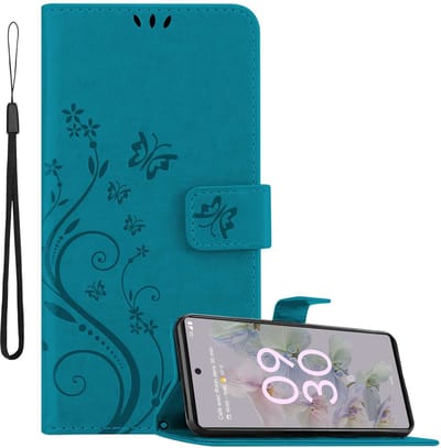 Cadorabo Hoesje geschikt voor Google PIXEL 6A in BLOEMEN BLAUW - Beschermhoes in bloemmotief met magnetische sluiting, standfunctie en kaartsleuven Book Case Cover Etui