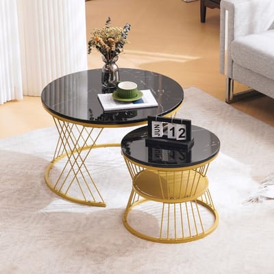 Pugsdrly Moderne nestbare salontafel, hoogglans salontafelset, marmerfineer bankzijde nest van tafels ronde bijzettafels, set van 2, gouden kleur frame