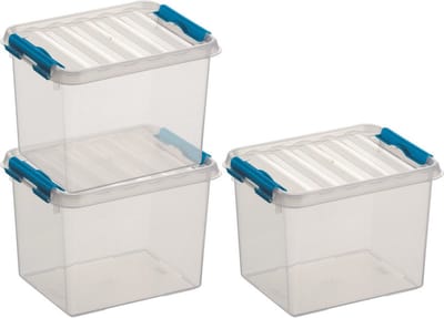 3x sunware q-line opberg box/opbergdoos - 3 liter - 20 x 15 x 14 cm - kunststof - opslagbox - transparant/blauw