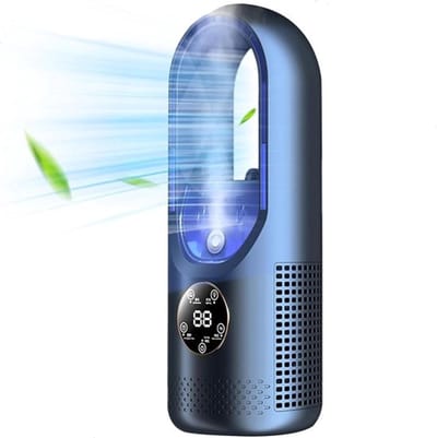 Multifunctionele bladeloze USB-ventilator – 6 snelheidsstanden met timer – Bladeloze vloerventilator met led-display – Stil – Draagbaar – Geschikt voor studentenkamers en bureaus (Blauw)