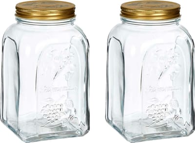 Pasabahce Voorraadpot/bewaarpot Square - 2x - glas - 1,5L - transparant/goud - D10 x H19 cm - voedsel bewaren
