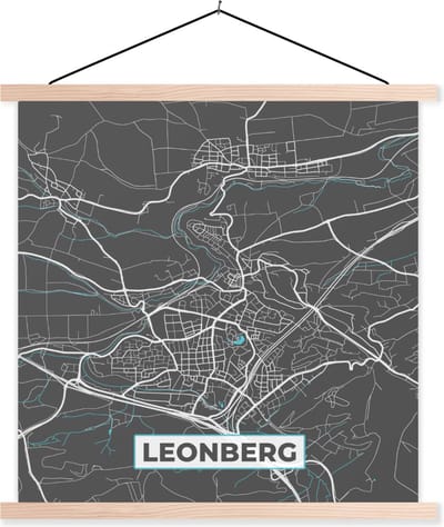 Posterhanger incl. Poster 60x60 cm - Schoolplaat - Leonberg – Stadskaart – Blauw – Plattegrond – Stadskaart – Kaart - Duitsland - Textielposter - Blanke latten - Stadskaart