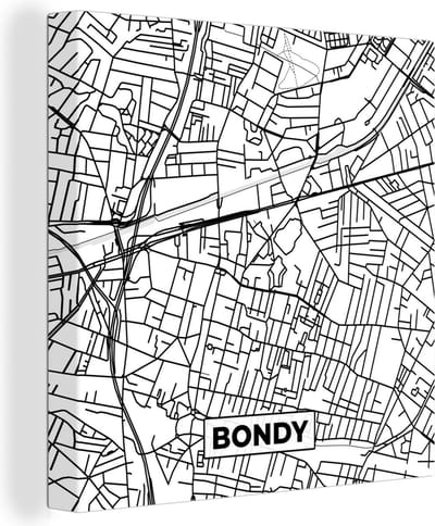 Canvas Schilderij Kaart - Bondy - Stadskaart - Frankrijk - Plattegrond - Zwart wit - 20x20 cm - Wanddecoratie