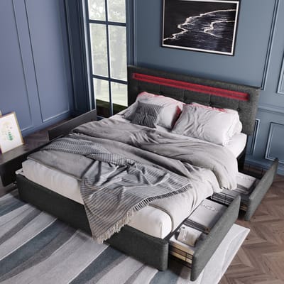 MEUNIQ bedframe 140x200 cm met LED-verlichting, 4 lades, verstelbaar hoofdbord, houten lattenbodem en stoffen bekleding, tweepersoonsbed voor slaapkamer, grijs