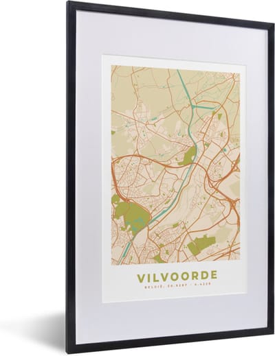 Fotolijst incl. Poster - Plattegrond - Stadskaart - Vintage - Vilvoorde - Kaart - 40x60 cm - Posterlijst