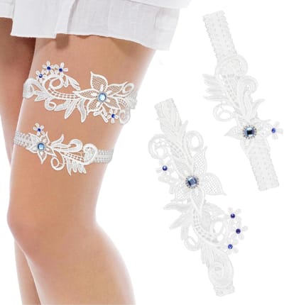 Bruidskousenband Set - Bruiloft Accessoires - Bruiloft Versiering - Verstelbaar Design - 21x5x0.9cm - Wit met Blauw