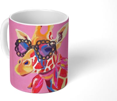 Mok - Koffiemok - Giraf - Roze - Bril - Sjaal - Mokken - 350 ML - Beker - Koffiemokken - Theemok