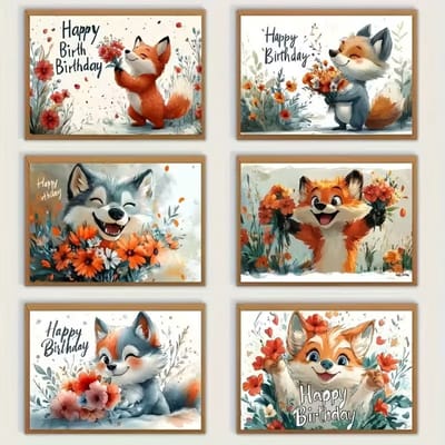 6x Happy Birthday Wenskaarten met Enveloppen – Schattige Dieren en Bloemen Illustraties – Verjaardagskaarten voor Kinderen en Volwassenen – Luxe Kaartenset voor Familie, Vrienden, Collega’s en Cadeaus
