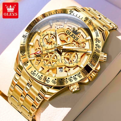 HO-9913.g : OLEVS goudlkl edelstaal chronografisch quartz heren horloge, goudkl wijzerplaat skeleton-look, tachymeter, kalenderdag